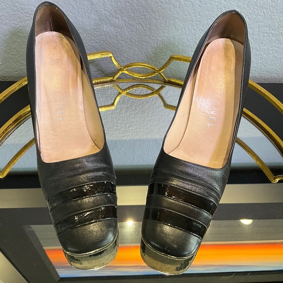 Vintage Y2K Authentic Chanel Square Toe Cylinder Heel Black Pumps Damaged 9B - Picture 3 of 14